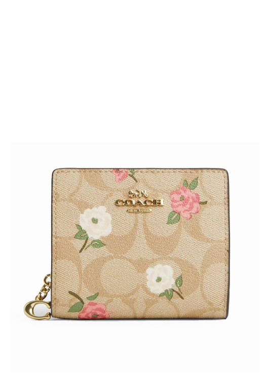 Coach Snap Wallet In Signature Canvas With Floral Print In Light Khaki CR969