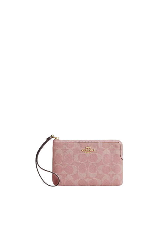 Coach Corner Zip Wristlet Signature Denim In Light Pink CDF27