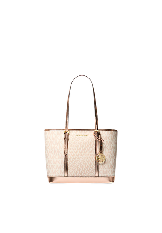 Michael Kors Jet Set Travel Tote Bag Small Metallic Logo Top-Zip In Rose Gold 35F4Gtvt1M
