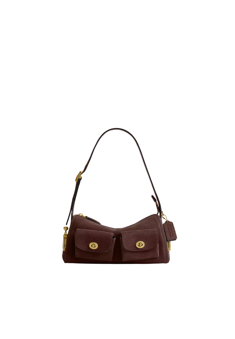 ( PREORDER ) Coach Turnlock Haversack 27 Suede Shoulder Bag In Dark Chocolate CFQ59