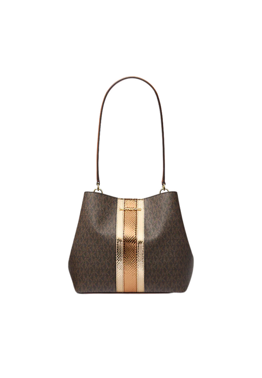 Michael Kors Pratt Medium Signature Logo and Metallic Shoulder Bag In Brown 35F4G3FS2B