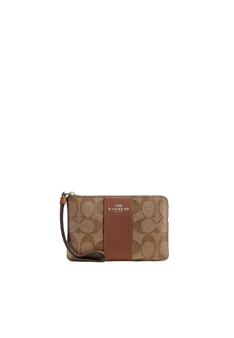 Coach Corner Zip Wristlet In Signature Canvas In Khaki Saddle CS602