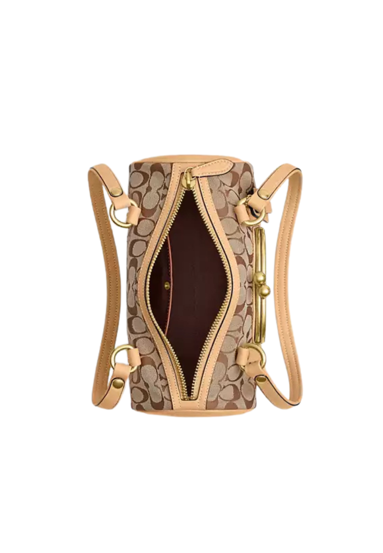 ( PREORDER ) Coach Kisslock Barrel 28 In Signature Jacquard Shoulder Bag In Khaki Light Peach CEN91