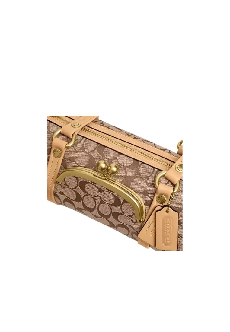 ( PREORDER ) Coach Kisslock Barrel 28 In Signature Jacquard Shoulder Bag In Khaki Light Peach CEN91