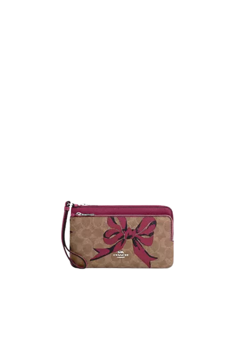 Coach Double Zip Wallet Signature Canvas With Bow Print In Pink Multi CAA84