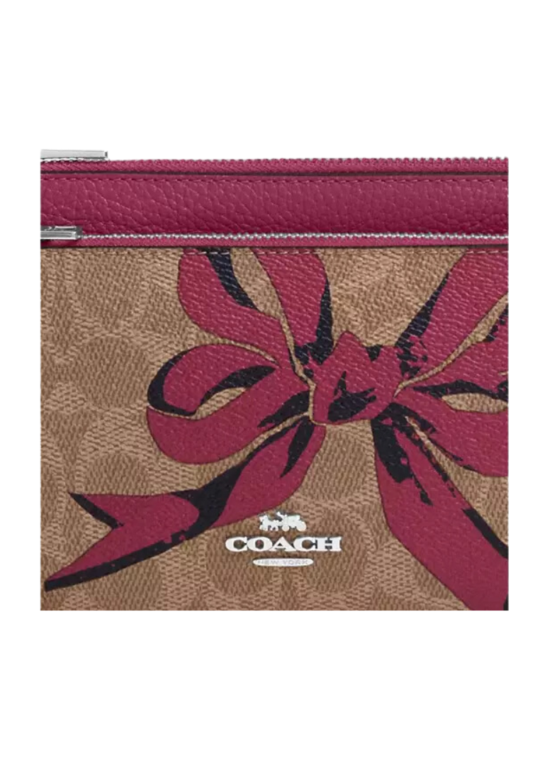 Coach Double Zip Wallet Signature Canvas With Bow Print In Pink Multi CAA84