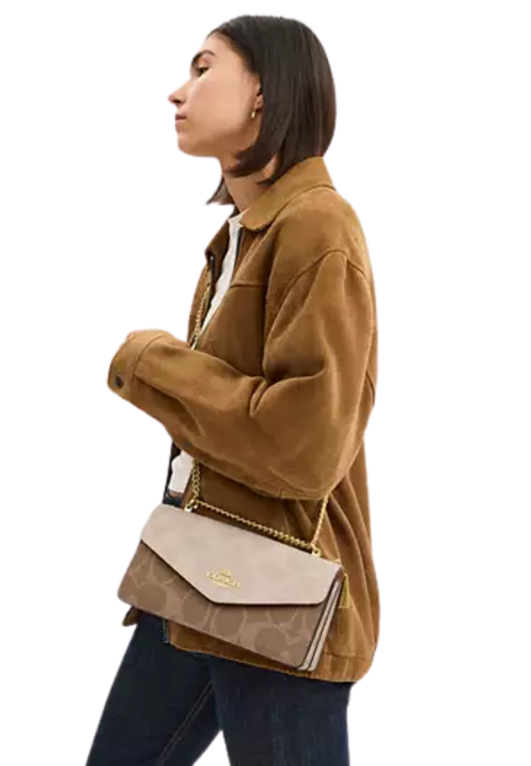 ( PREORDER ) Coach Klare Envelope In Blocked Signature Canvas Crossbody Bag In Gold Sand Tan CBI99