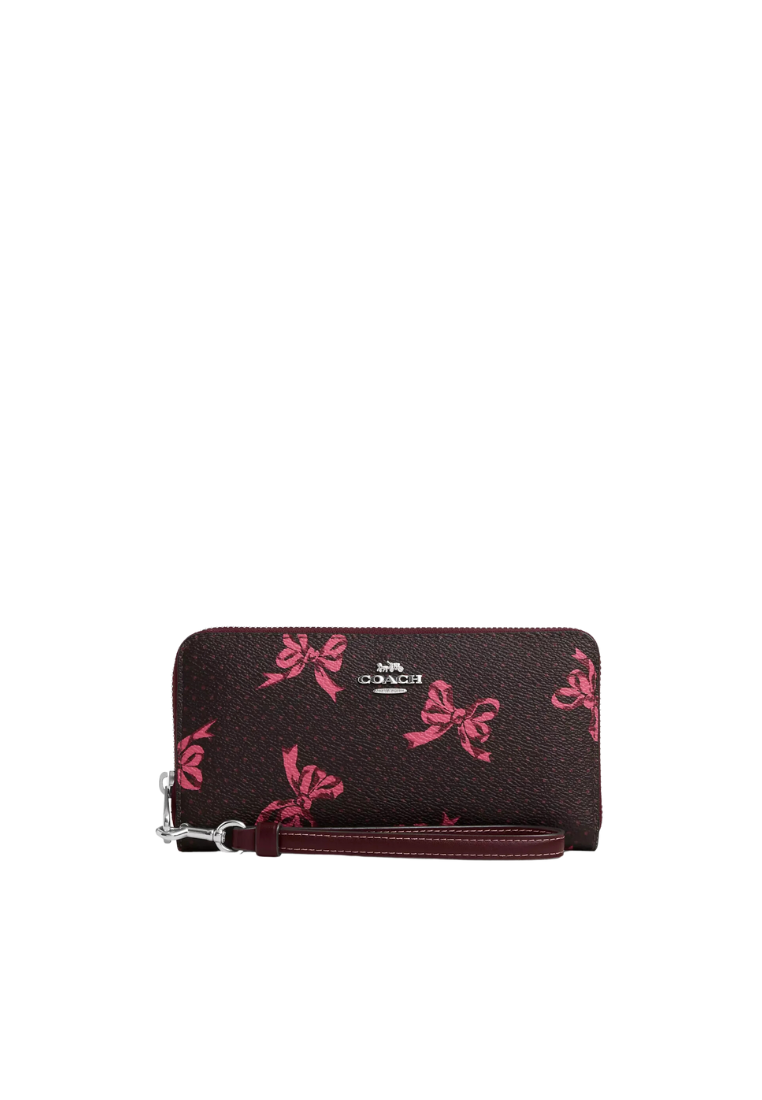 Coach Long Zip Around Wallet Printed Canvas with Pink Bows In Merlot Multi CZ327