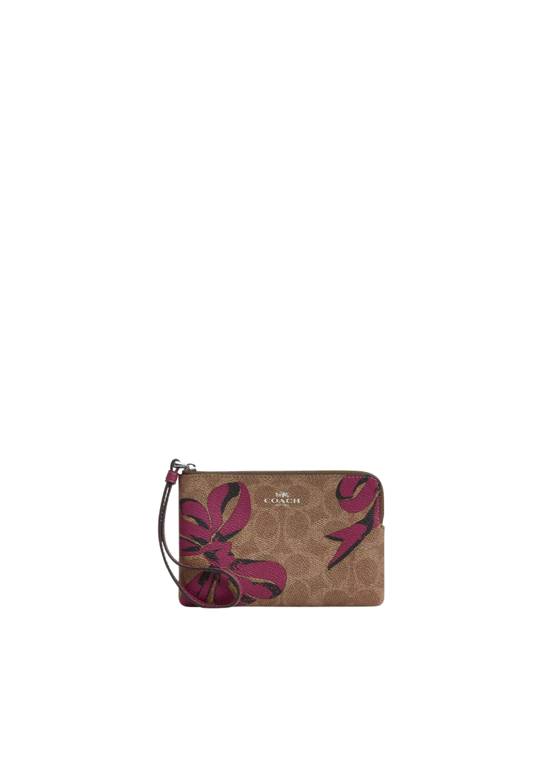 Coach Corner Zip Wristlet Signature Canvas with Bow Print In Pink Multi CZ440