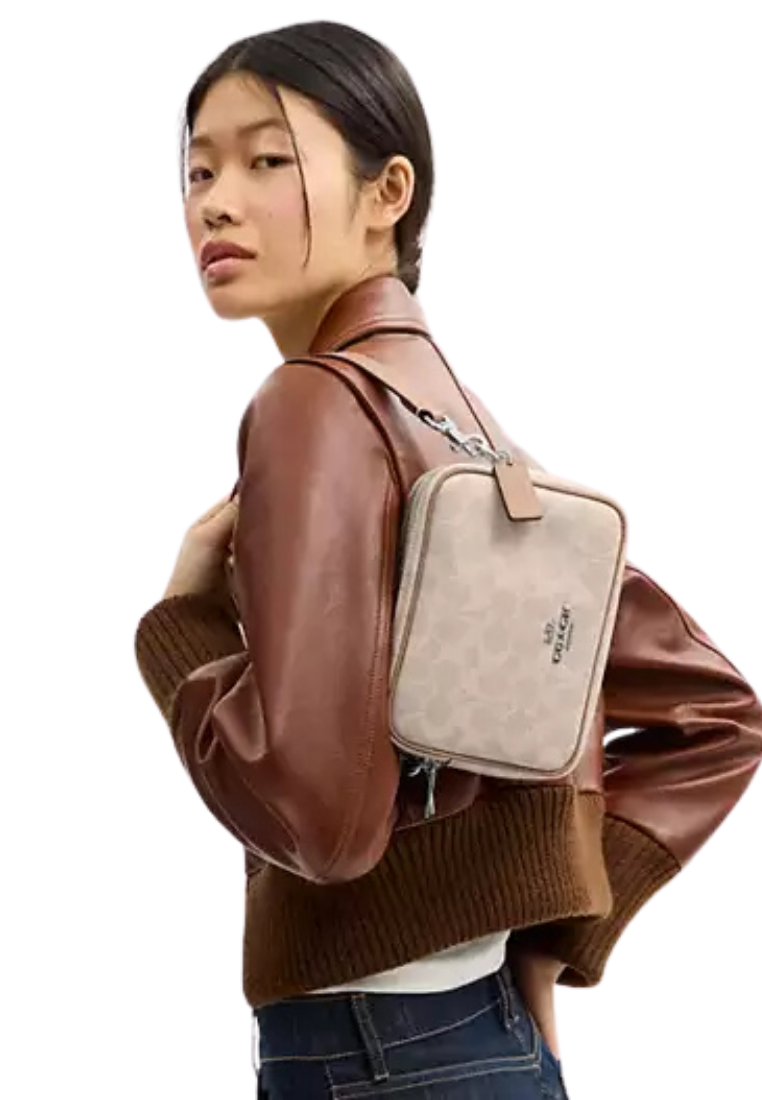 ( PREORDER ) Coach Mini Carey In Signature Canvas Crossbody Bag In Sand Taupe CEK69