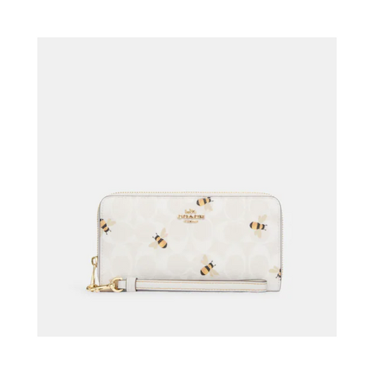 Coach Long C8675 Zip Around Wallet In Signature Canvas With Bee Print In Glacier White Multi