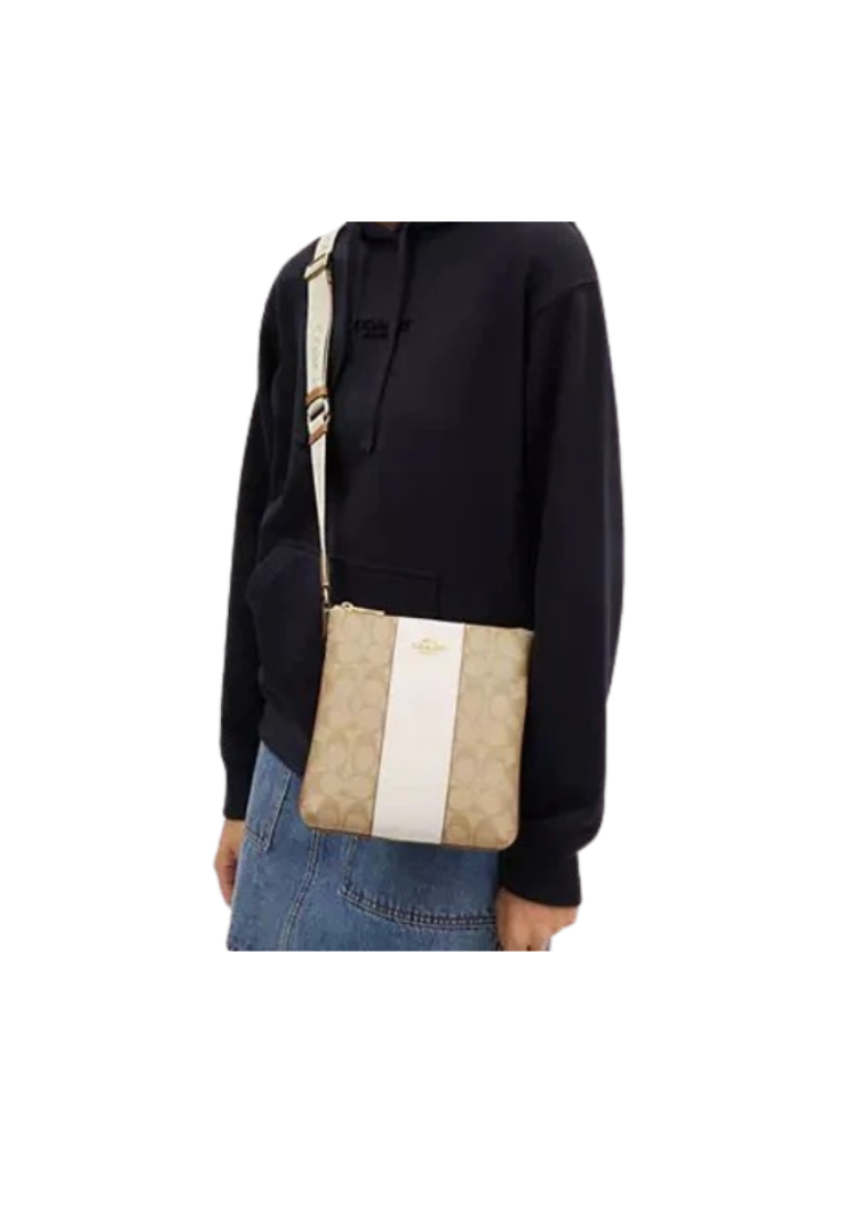 Coach Mini Rowan File Crossbody Bag In Signature Canvas With Stripe In Light Khaki Chalk Lt Saddle CR248