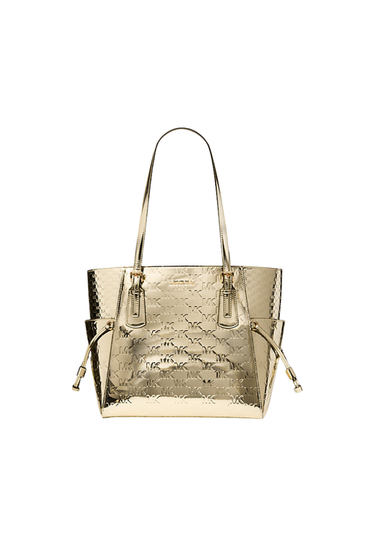 ( PREORDER ) Michael Kors Voyager Large Metallic Logo Debossed Satchel Bag In Pale Gold 35F5GV6T7Y