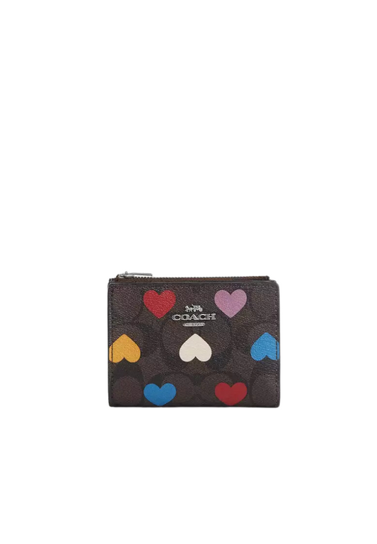 ( AS IS ) Coach Bifold Wallet In Signature Canvas With Heart Print In Brown Black Multi CP424