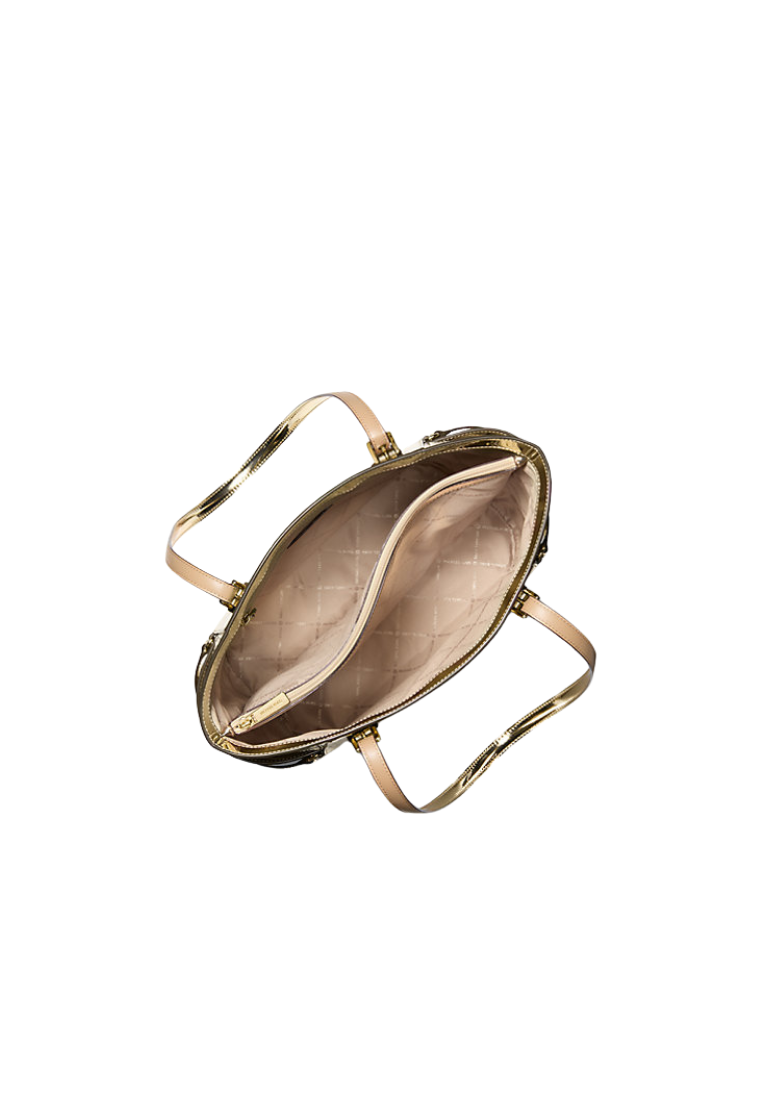 ( PREORDER ) Michael Kors Voyager Large Metallic Logo Debossed Satchel Bag In Pale Gold 35F5GV6T7Y