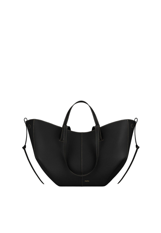 ( PREORDER ) Polene Cyme Shoulder Bag In Textured Black With Ecru Stitching