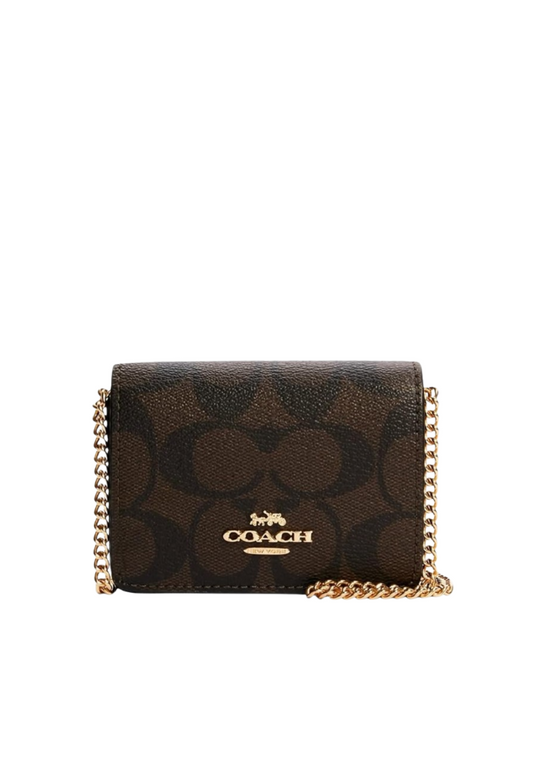Coach Signature Mini Trifold 6650 On Chain Wallet In Brown Black