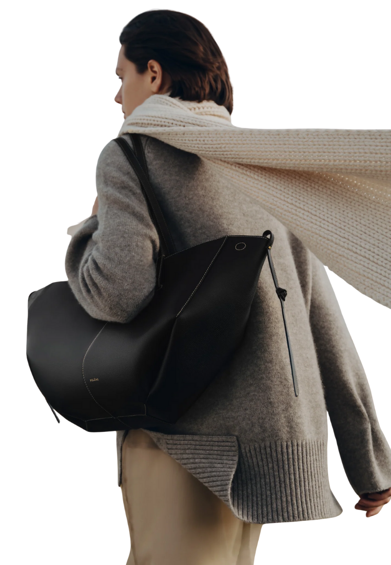 ( PREORDER ) Polene Cyme Shoulder Bag In Textured Black With Ecru Stitching