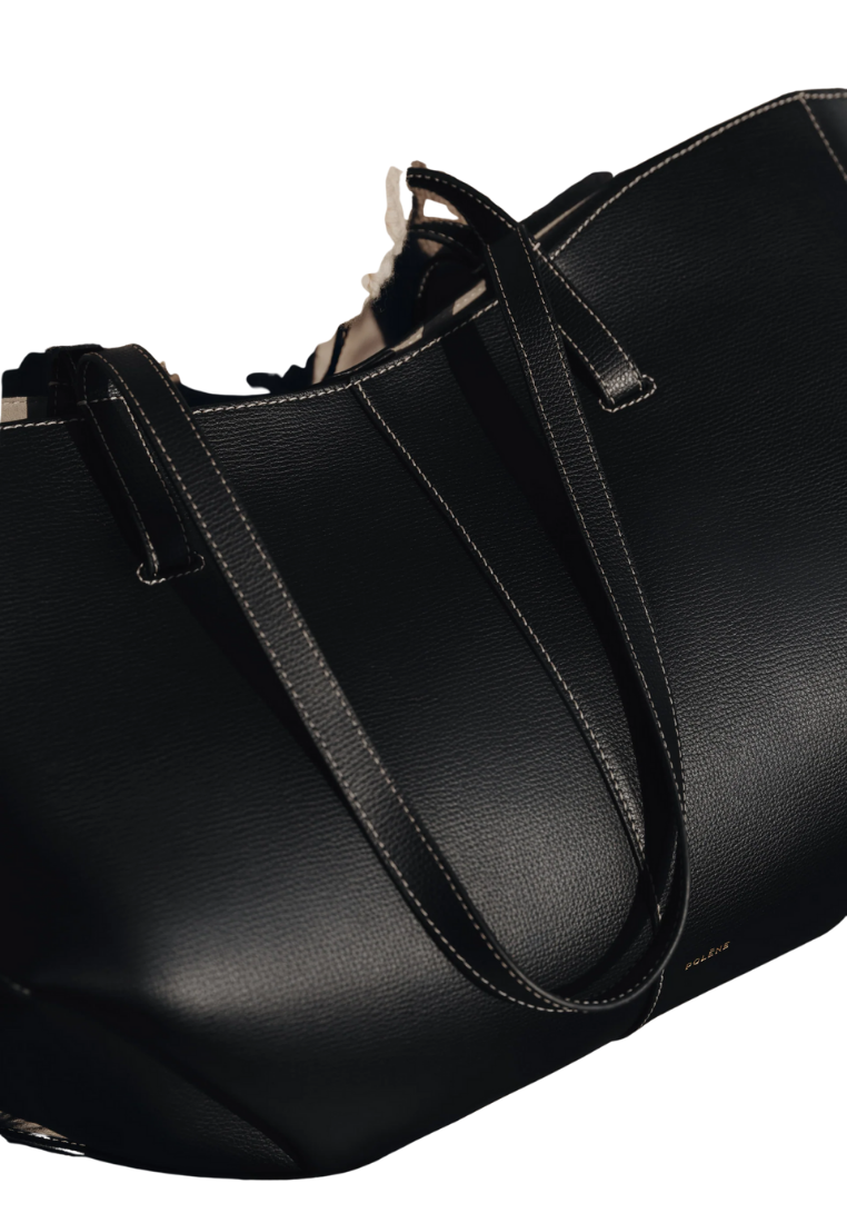( PREORDER ) Polene Cyme Shoulder Bag In Textured Black With Ecru Stitching