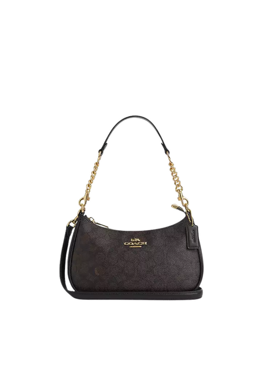 ( PREORDER ) Coach Teri In Signature Canvas Shoulder Bag In Gold Walnut Black CV933