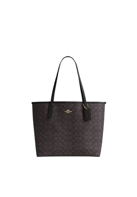 ( PREORDER ) Coach City In Signature Canvas Tote Bag In Gold Walnut Black CV976