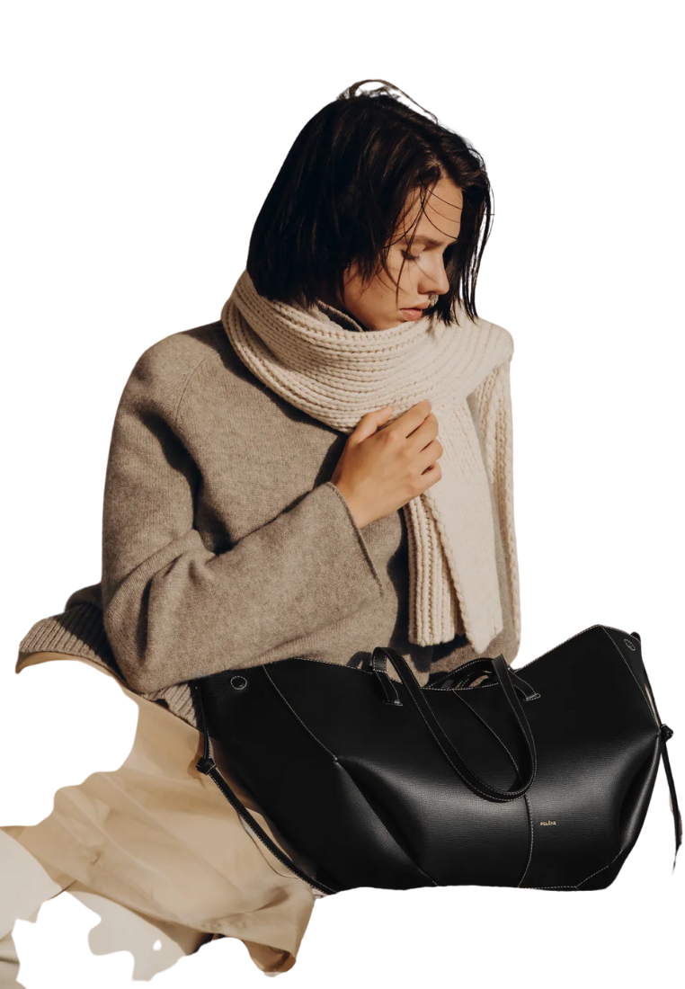 ( PREORDER ) Polene Cyme Shoulder Bag In Textured Black With Ecru Stitching