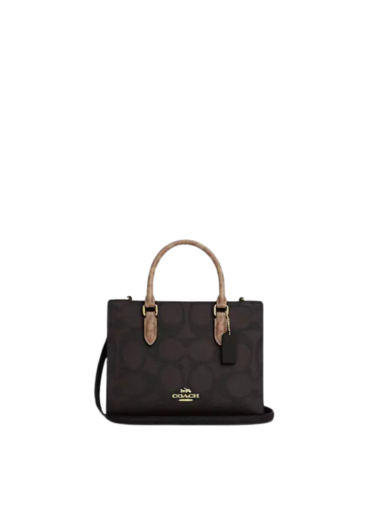 ( PREORDER ) Coach Maggie Small In Blocked Signature Canvas Tote Bag In Gold Walnut Tan CY676