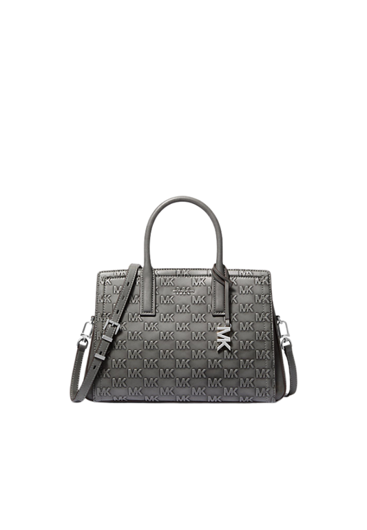( PREORDER ) Michael Kors Laila Medium Logo Embossed Burnished Leather Satchel Bag In Storm 30F5T9IS2L
