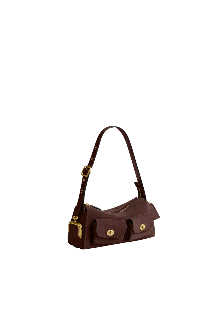 ( PREORDER ) Coach Turnlock Haversack 27 Suede Shoulder Bag In Dark Chocolate CFQ59