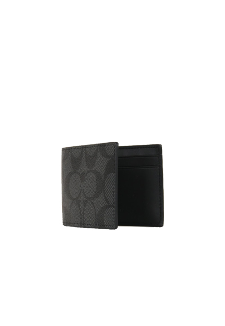 Coach Compact Billfold Wallet Signature Canvas In Charcoal Black CM166
