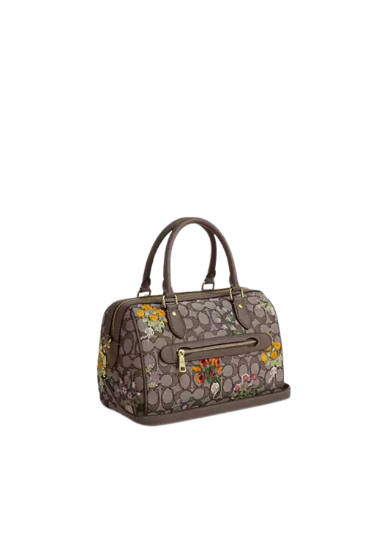 Coach Rowan Satchel Bag In Signature Jacquard With Floral Embroidery In Oak Multi CDZ01