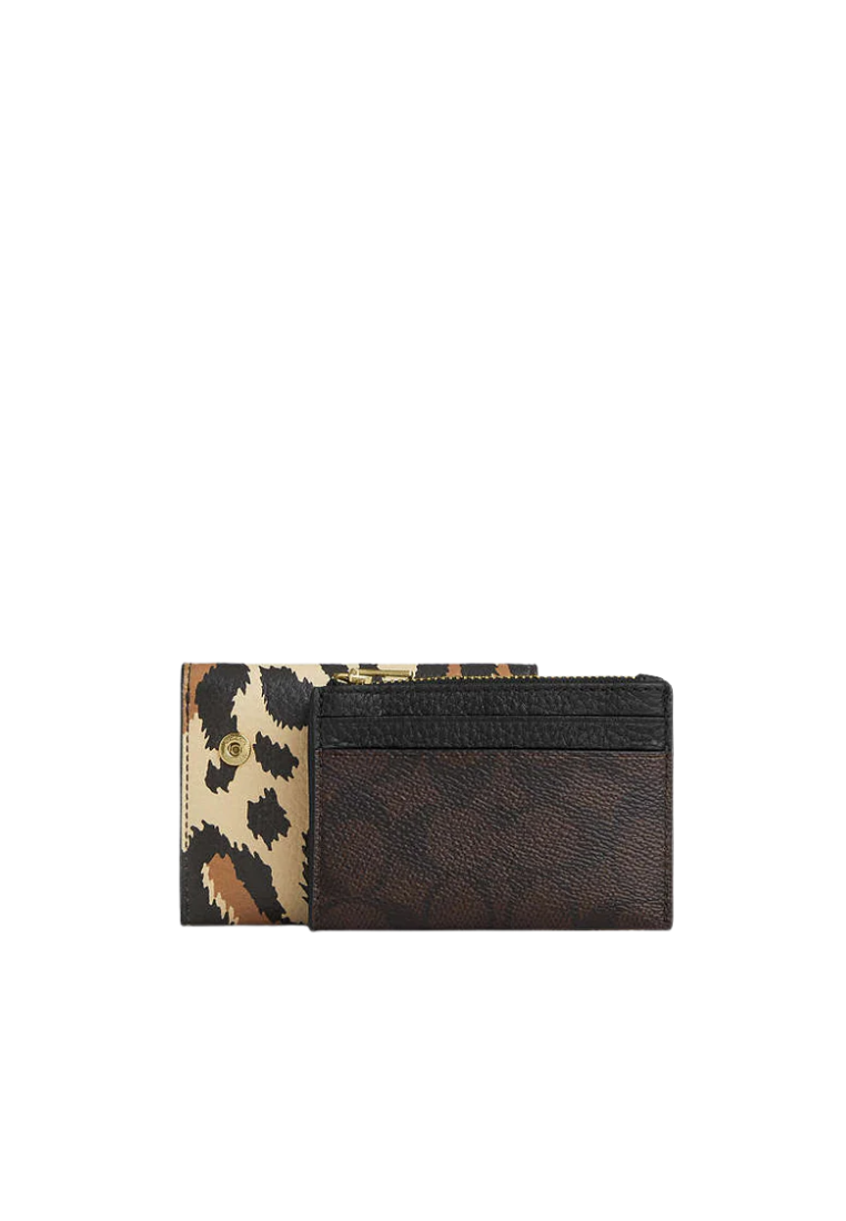 Coach Card Holder Wallet With Leopard Print And Signature Canvas In Walnut Leopard Multi CCL99