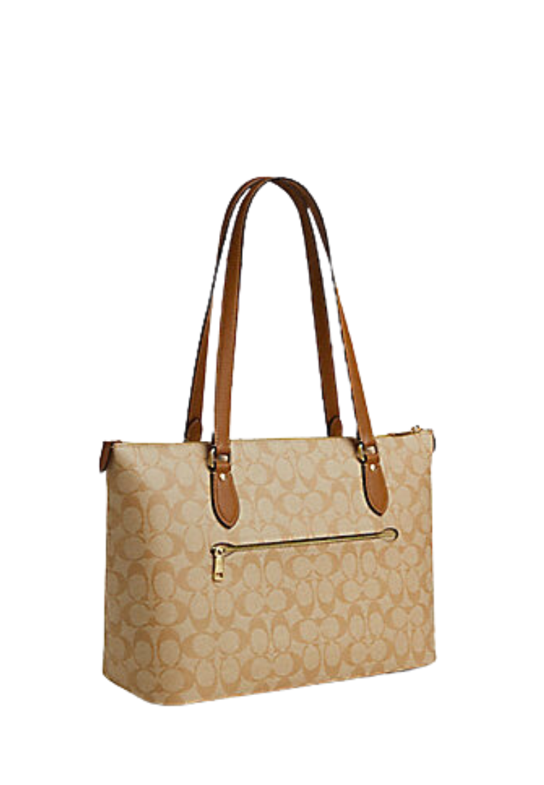 Coach Gallery Tote Bag Signature Canvas With Stripe In Light Khaki Chalk Saddle CR121