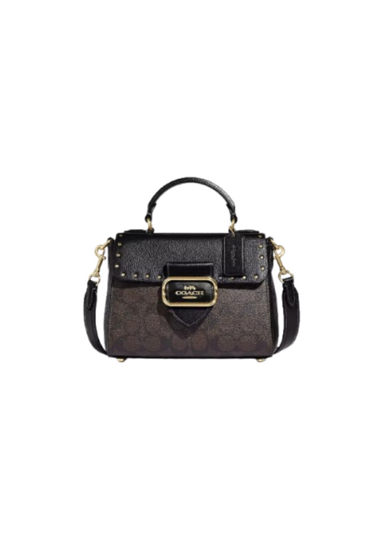Coach Morgan Top Handle Satchel CF322 With Colorblock Signature Canvas With Rivets In Brown Black Multi