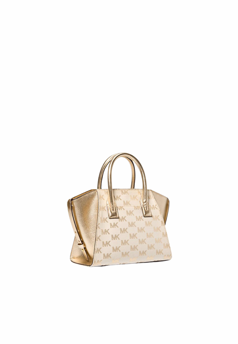 Michael Kors Avril Small Logo Jacquard and Metallic Satchel Bag In Pale Gold 35S5G4VS1U