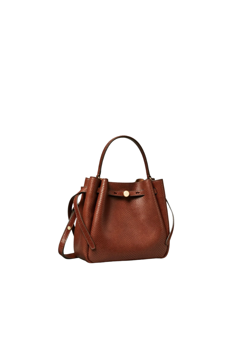 ( PREORDER ) Tory Burch Romy Snake-Embossed Bucket Bag In Sweet Maple 182906