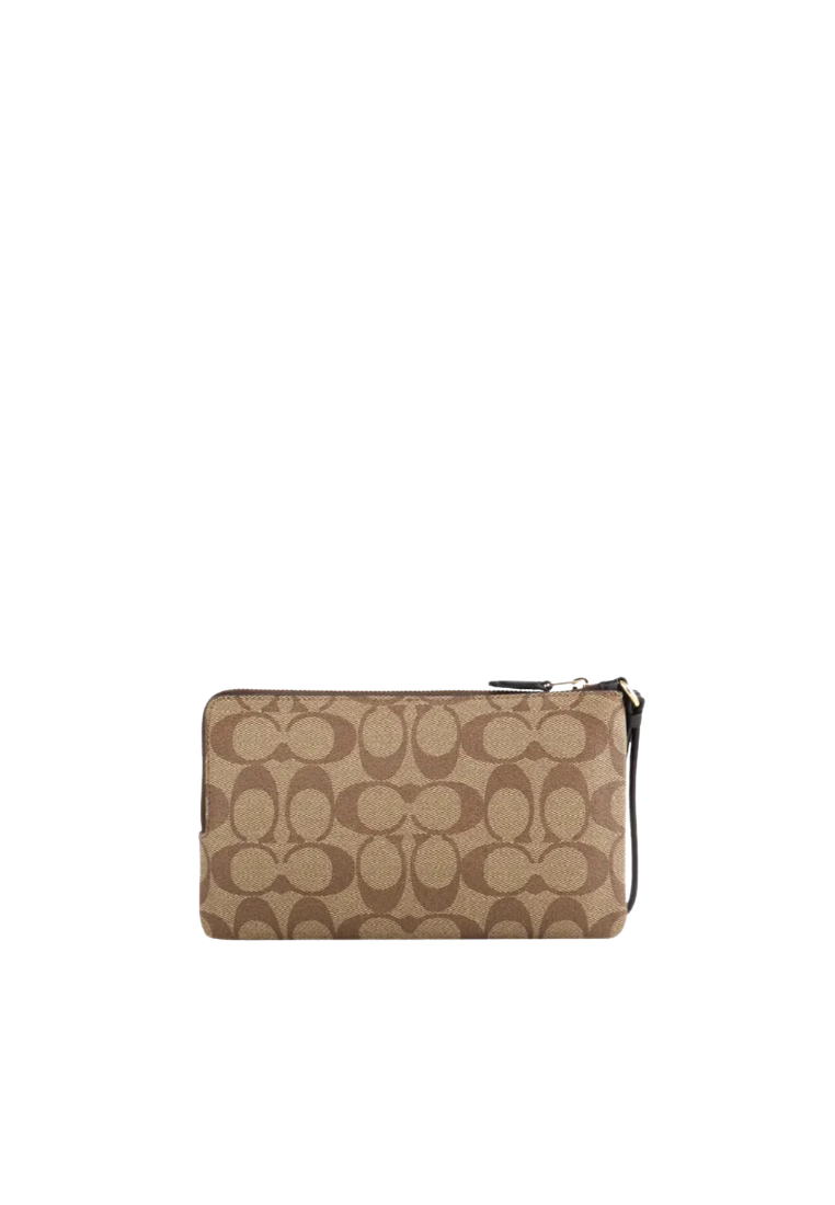 Coach Double Zip Wallet Blocked Signature In Khaki Brown Multi C7313