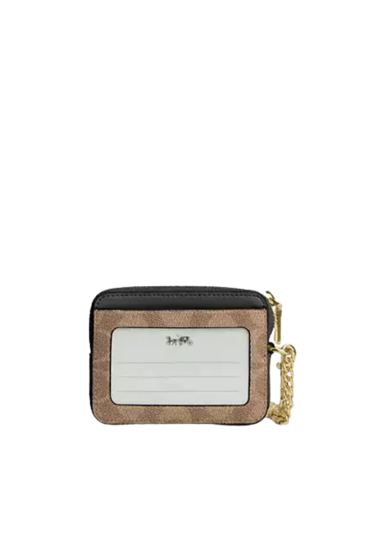 Coach Zip Signature Canvas Card Case In Tan Black CW883
