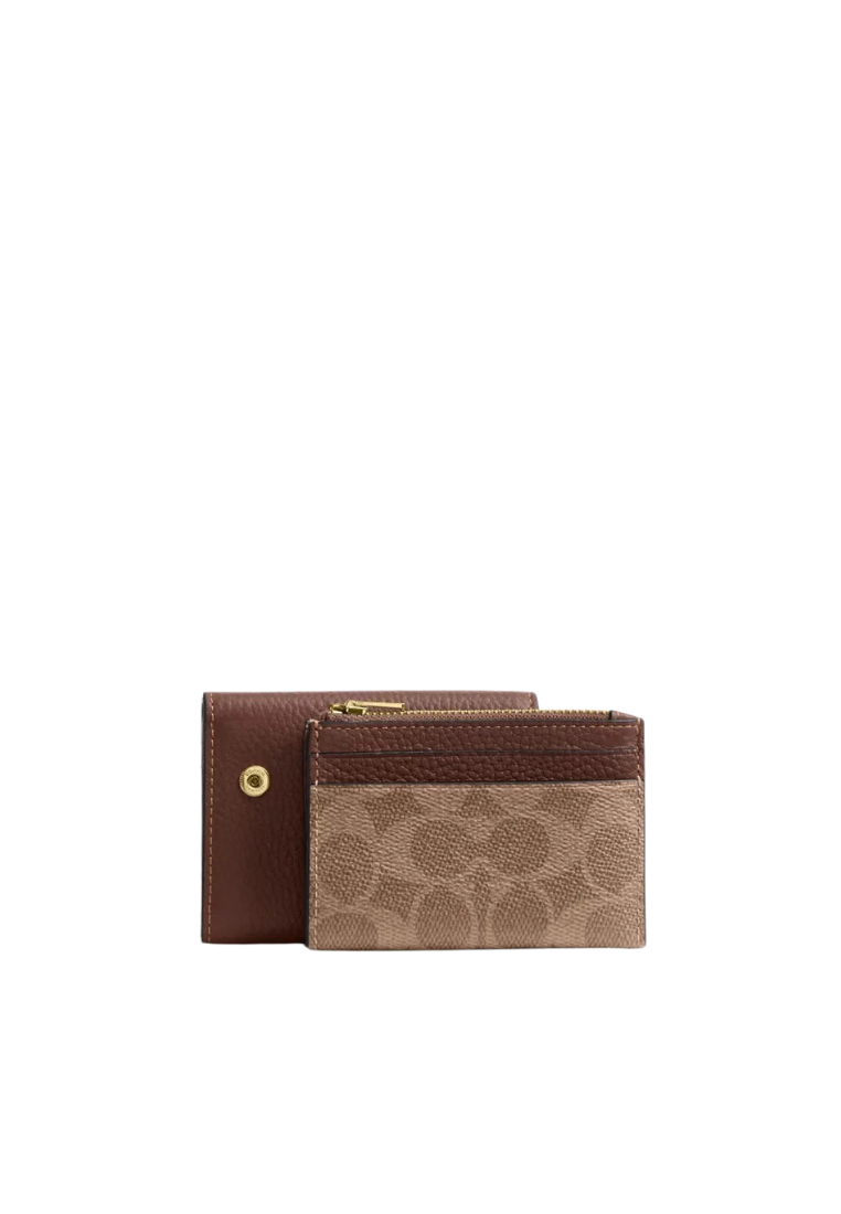Coach Card Holder Wallet Signature Canvas In Tan Brown CZ034