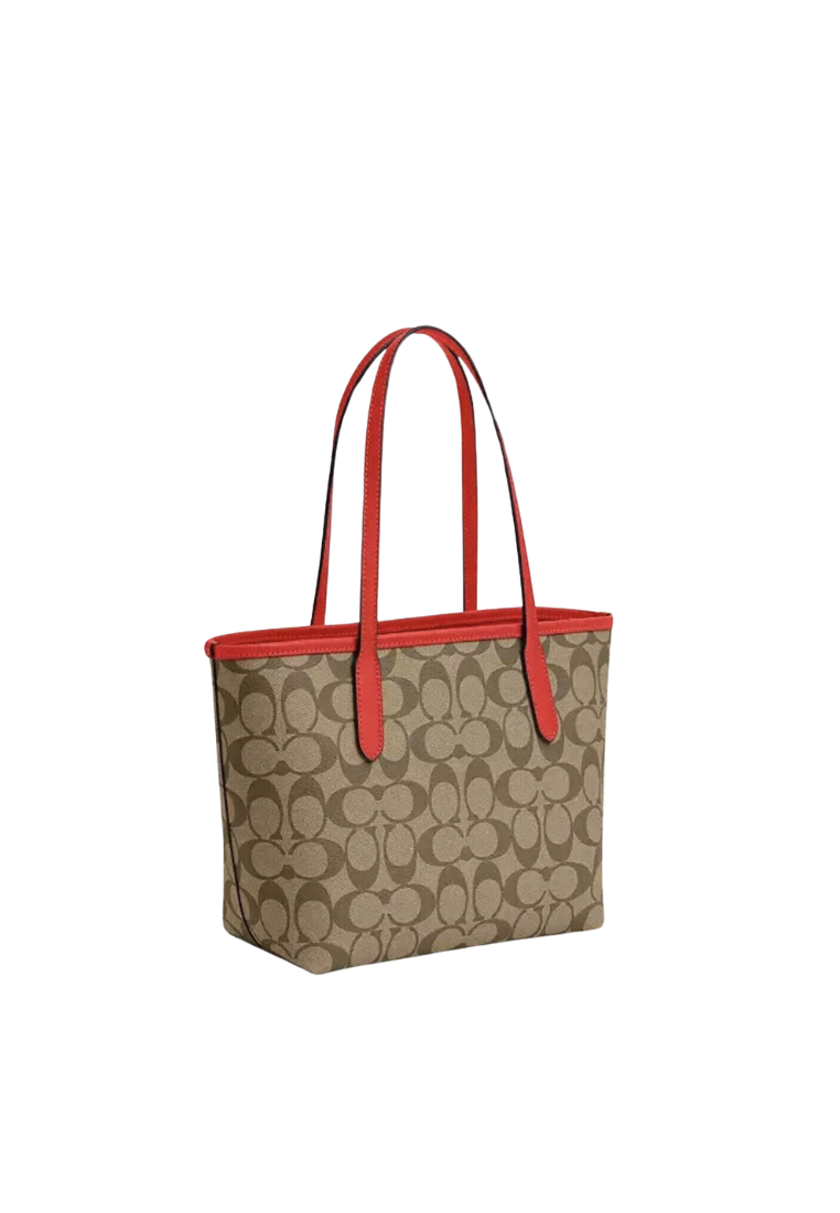 Coach Mini City Tote Bag In Signature Canvas In Khaki Miami Red CN733