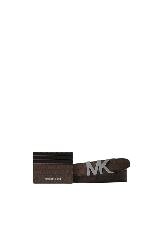 Michael Kors Signature Logo Card Case and Belt Gift Set In Brown Black 36S4LGFY6B