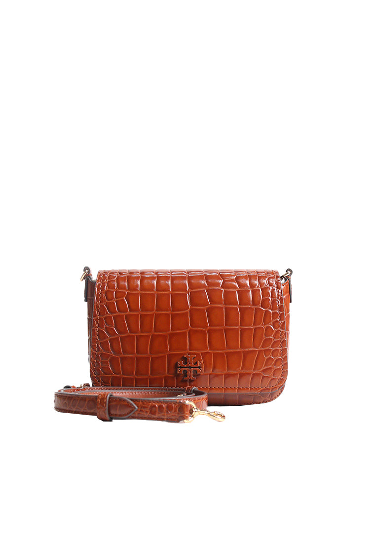 Tory Burch Thea Embossed Shiny Flap Crossbody Bag In Warm Amber 170040