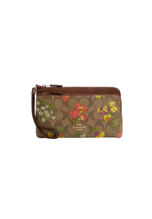 Coach Double Zip Wristlet In Signature Canvas With Floral Print In Khaki Multi CR926