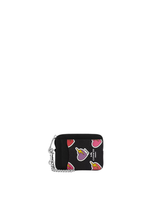 Coach Zip Card Case With Heart Bolt Print In Black Multi CW453