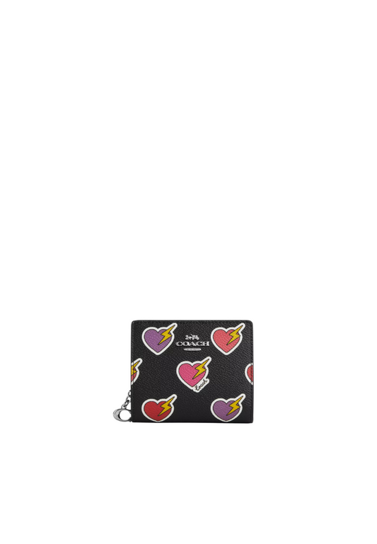 Coach Snap Wallet With Heart Bolt Print In Black Multi CW537