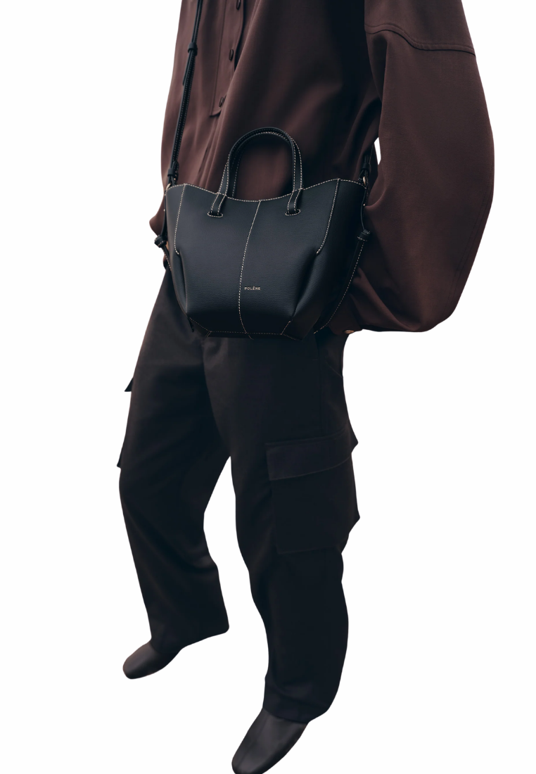 ( PREORDER ) Polene Cyme Nano With Ecru Stitching Tote Bag In Textured Black