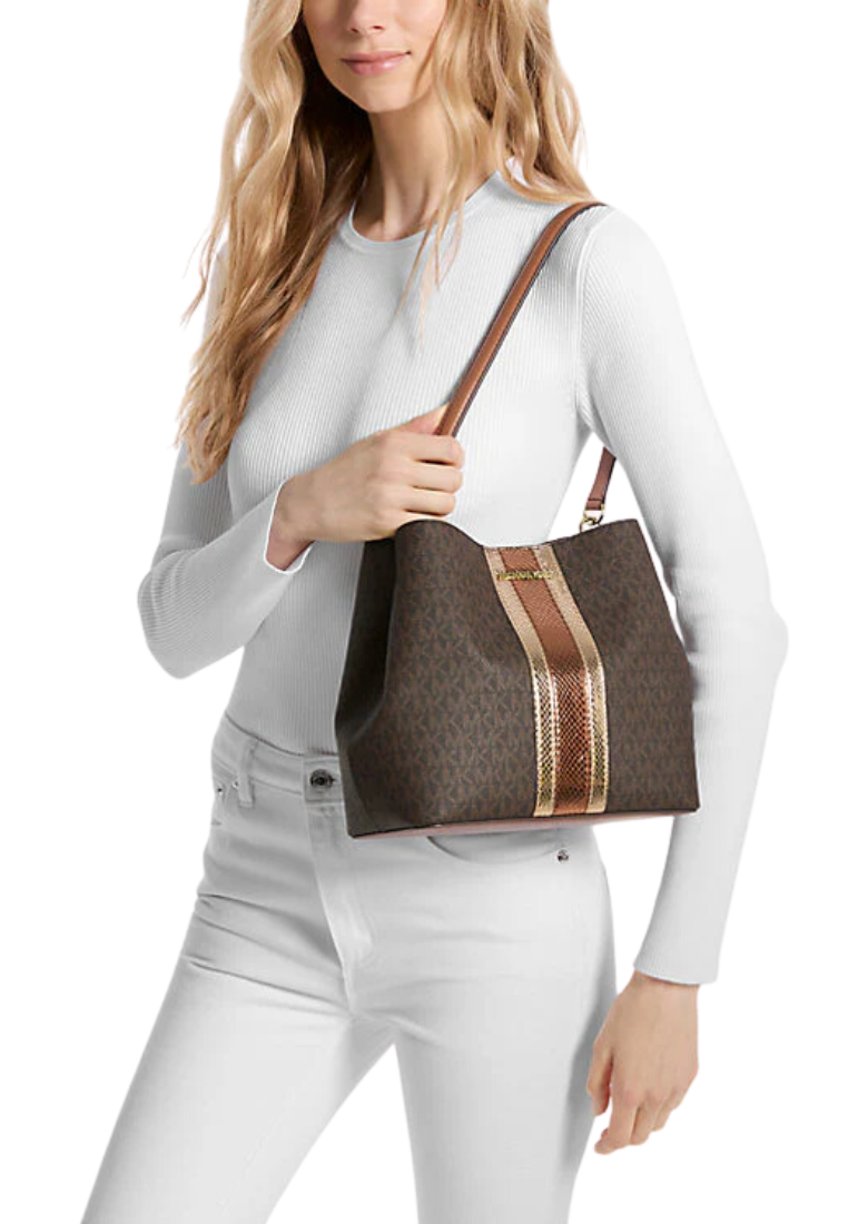 Michael Kors Pratt Medium Signature Logo and Metallic Shoulder Bag In Brown 35F4G3FS2B