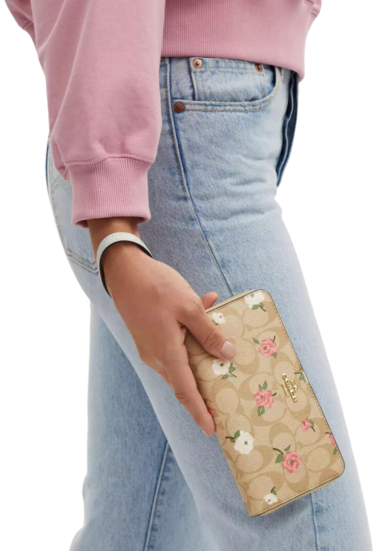 Coach Long Zip Around Wallet In Signature Canvas With Floral Print In Light Khaki CR966