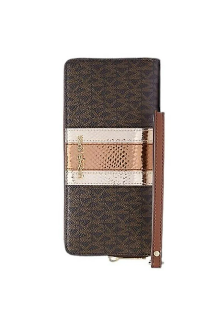 Michael Kors Jet Set Travel Large Signature Logo and Metallic Continental Wallet In Brown 35F4GTVE7B