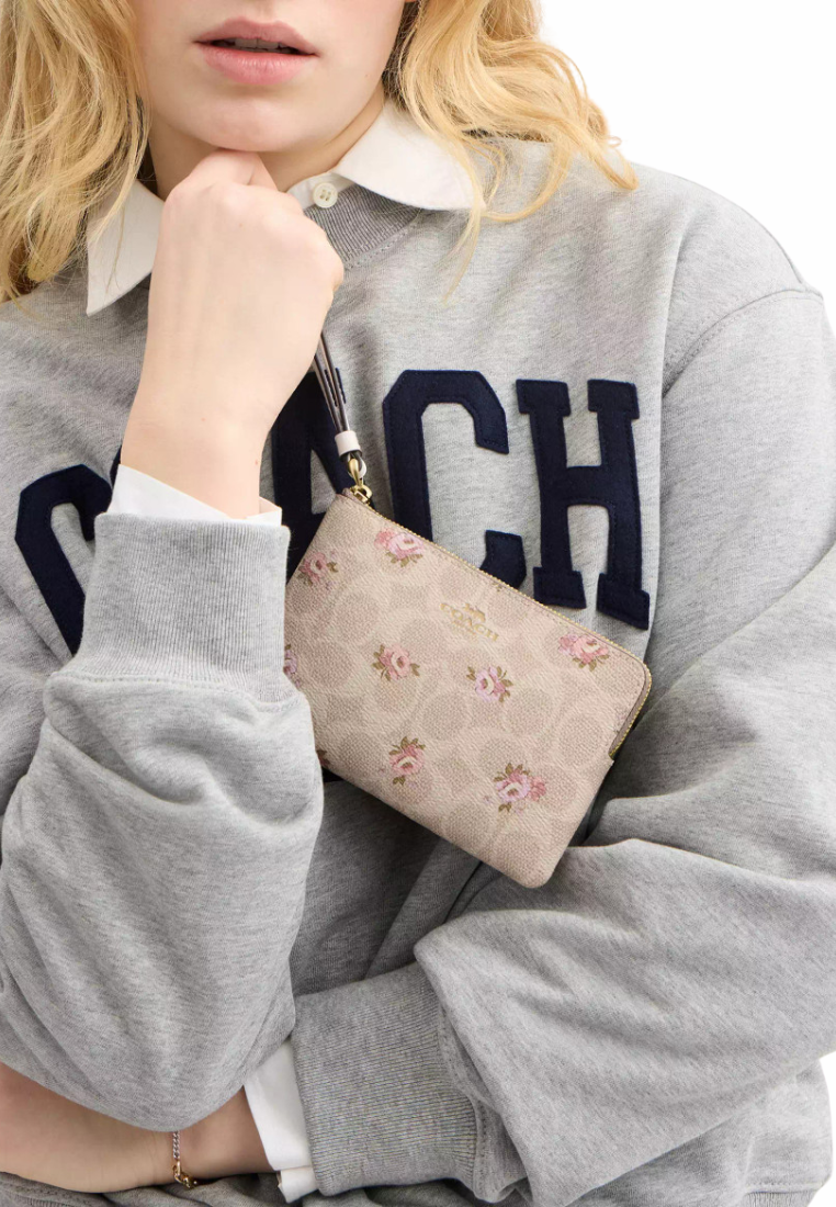 Coach Corner Zip Wristlet Signature Canvas With Floral Print In Sand Multi CAR20